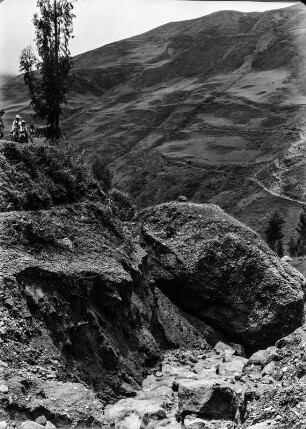 Talrinne bei Morochata : Berglandschaft mit Tal, rotem Sandstein und Vegetation