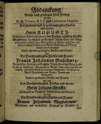 Abdanckung/ Welche nach geendigter Leich-Predigt ablegte H. H. Timaeus ...