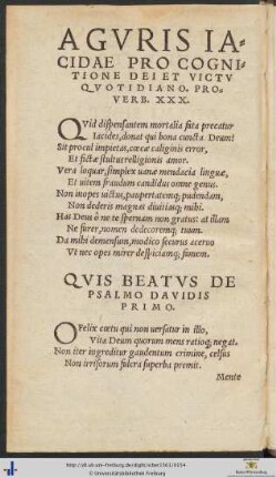 Aguris Iacidae Pro Cognitione Dei Et Victu Quotidiano Proverb. XXX