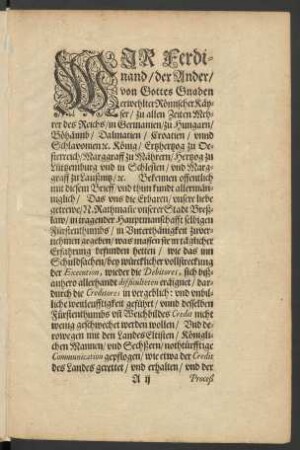 Wir Ferdinand/ der Ander/ von Gottes Gnaden erwehlter Römischer Käyser ...