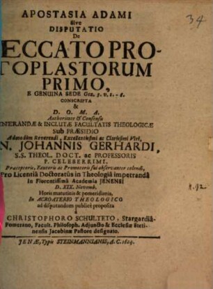 Apostasia Adami Sive Disputatio De Peccato Protoplastorum Primo