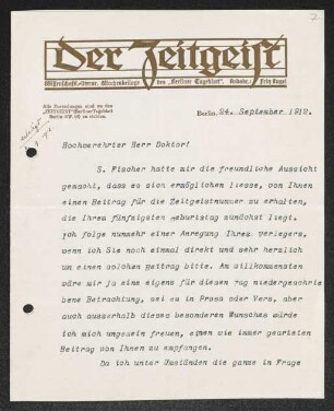Brief von Fritz Engel von Der Zeitgeist. Beibl. z. Berliner Tageblatt  an Gerhart Hauptmann