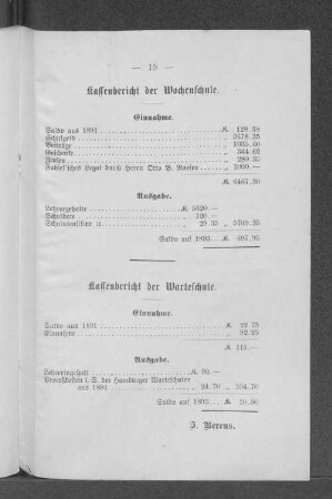 Kassenbericht der Warteschule.