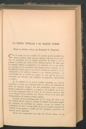 La poesía popular y el Martín Fierro : Sobre la edición crítica de Eleuterio F. Tiscornia