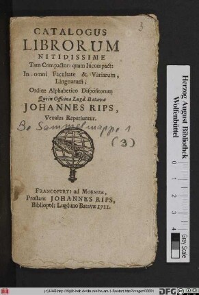 Catalogus Librorum Nitidissime : Tam Compactor: quam Incompact : In omni Facultate & Variarum, Linguarum, Ordine Alphabetico Dispositorum Qui in Officina Lugd. Batavæ Johannes Rips, Venales Reperiuntur