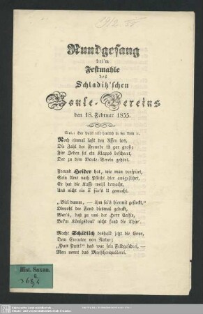 Rundgesang bei'm Festmahle des Schladitz'schen Boule-Vereins den 18. Februar 1855