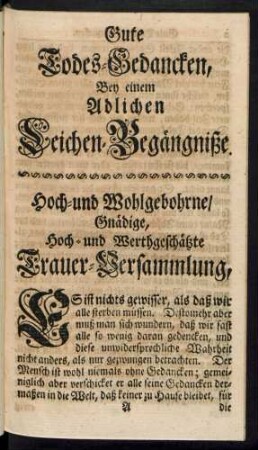 Gute Todes-Gedancken, Bey einem Adlichen Leichen-Begängniße