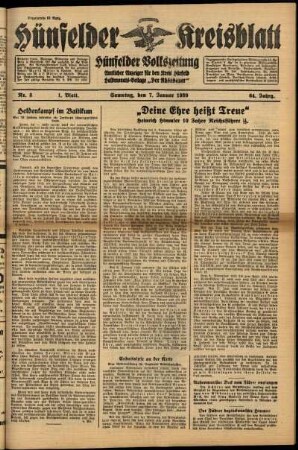 Erste Ausgabe vom Samstag, den 07. Januar 1939.