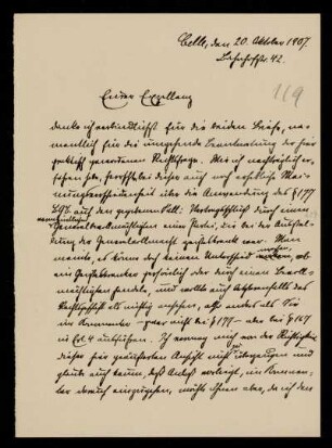 119: Brief von Otto Strecker an Gottlieb Planck, Celle, 20.10.1907
