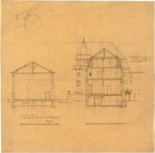 Hildebrand, Adolf von; München, Maria-Theresia-Str. 23; Wohnhaus Hildebrand - Südflügel u. Atelere (Querschnitte), Teilgrundriss, Details
