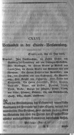 146. Sitzung, Stuttgart, 15.7.1816