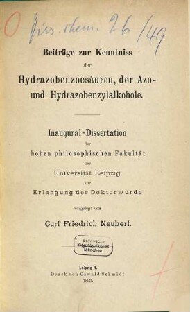 Beiträge zur Kenntniss der Hydrazobenzoesäuren, der Azo- und Hydrazobenzylalkohole ...