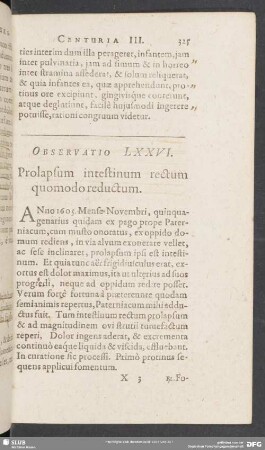 Observatio LXXVI. Prolapsum intestinum rectum quomodo reductum
