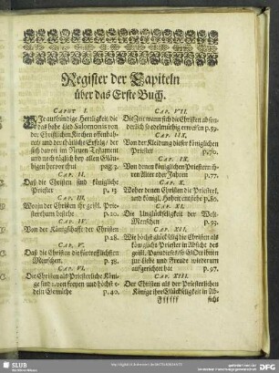 Register der Capiteln über das Erste Buch