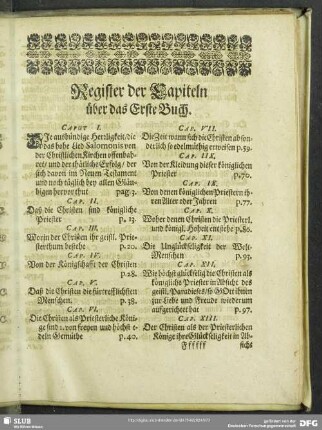 Register der Capiteln über das Erste Buch