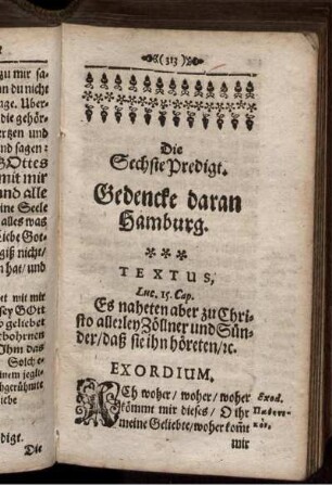 Die Sechste Predigt. Gedencke daran Hamburg