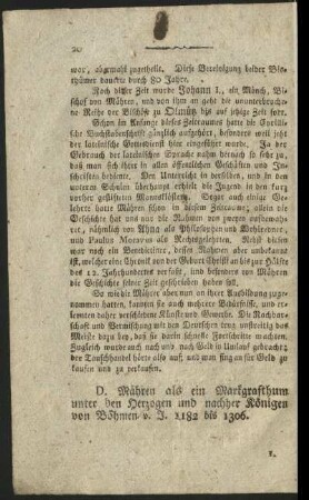 D. Mähren als ein Markgrafthum unter den Herzogen und nachher Königen von Böhmen v. J. 1182 bis 1306