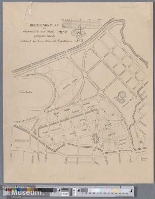 Bebauungs-Plan des südwestlich der Stadt Leipzig gelegenen Areals.