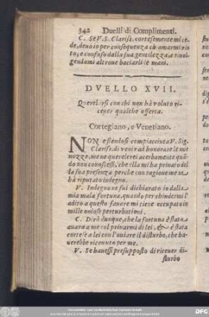 Duello XVII. Querelarsi con chi non hà voluto ricevere qualche offerta.