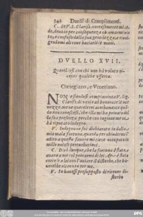 Duello XVII. Querelarsi con chi non hà voluto ricevere qualche offerta.