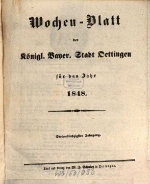 Wochen-Blatt für das Fürstenthum Oettingen-Spielberg. 1848