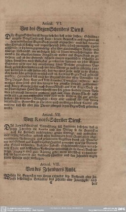 Articul VII. Vom RecessSchreiber Dienst.