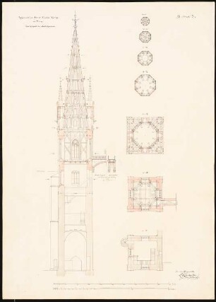 Evangelische Nikolaikirche, Brieg Restaurierung: Nordturm: Schnitt und Schichtenrisse; Maßstabsleisten