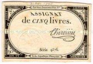 Frankreich, Revolution, Assignat 5 Livres