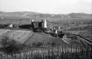 Burkheim: Schlossruine mit Weinberg, von höher, mit Kaiserstuhl