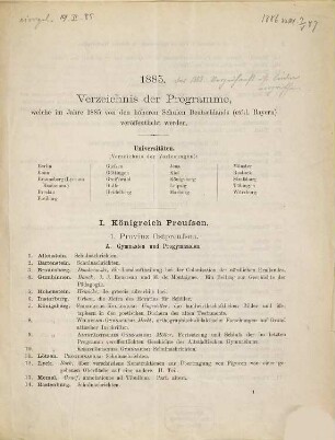 Verzeichnis der Programme, welche im Jahre ... von den höheren Schulen Deutschlands (ausschl. Bayerns), soweit sie an Austausch teilnehmen, veröffentlicht werden. 1885