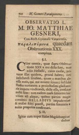 Observatio L. M. Io. Matthiae Gesneri, Con Rect. Gymnasii Vinariensis, ... quaedam Obseruationis XXX complexa