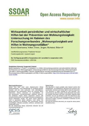 Wirksamkeit persönlicher und wirtschaftlicher Hilfen bei der Prävention von Wohnungslosigkeit: Untersuchung im Rahmen des Forschungsverbundes „Wohnungslosigkeit und Hilfen in Wohnungsnotfällen“