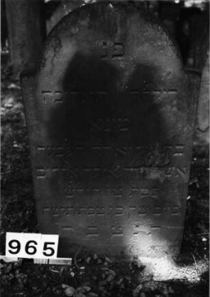 Grabstein 965 (Index: 99630457) Material: Sandstein Zustand: leicht abgeblättert mit Textverlust Maße HxBxT: 85x43x6 cm Beschreibung: Stele mit eingezogenem Rundbogenabschluß: Grabstein 965