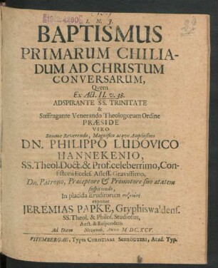 Baptismus Primarum Chiliadum Ad Christum Conversarum
