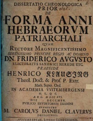 Dissertatio chronologica prior de forma anni Hebraeorum patriarchali