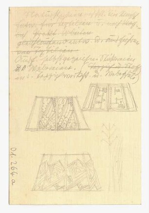Lampenschirmskizzen : Drei Skizzen von Lampenschirmen; handschriftliche Notizen in oberer Blatthälfte, teilweise gestrichen