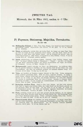 F) Fayence, Steinzeug, Majolika, Terrakotta (Nr. 622-688)