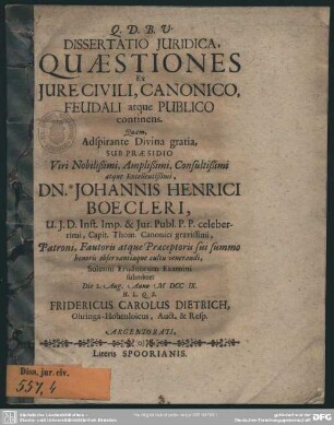 Dissertatio Iuridica, Quaestiones Ex Iure Civili Canonico, Feudali atque Publico continens