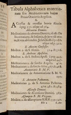 Tabula Alphabetica materiarum seu Meditationum ...