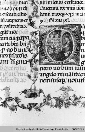 Missale Romanum : Textseite mit Randseitenbordüre, Bordürenstab und historisierter Initiale D: Verkündigung