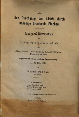 Ueber den Durchgang des Lichts durch beliebige brechende Flächen