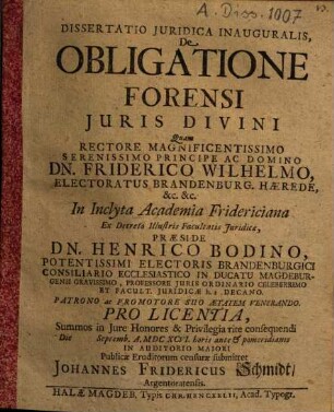 Dissertatio iuridica inauguralis, De obligatione forensi iuris divini