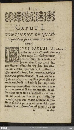 Caput I. Continens Requisita quaedam generalia Concionatoris