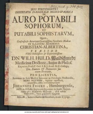 Dissertatio Inauguralis Medico-Spagirica De Auro Potabili Sophorum, Et Putabili Sophistarum