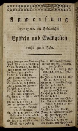Anweisung der sonn= und festtäglichen Episteln und Evangelien durchs ganze Jahr.