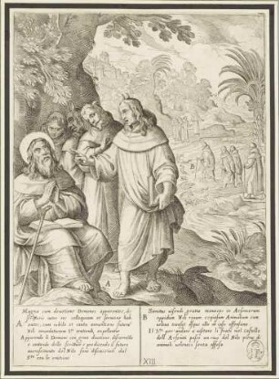 Antonius Abbas wird von Dämonen in Mönchskleidung heimgesucht (Blatt 13 der Folge zum Leben des Antonius Abbas)
