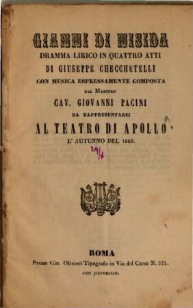 Gianni di Nisida : dramma lirico in quattro atti ; da rappresentarsi al Teatro di Apollo l'autunno del 1860