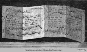 Notenblatt auf einer Stufe des Thrones - Pala di San Girolamo da Perugia