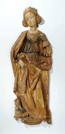 Stehende Heilige Margaretha mit dem Drachen, zugehörig zu einer Gruppe der vier großen heiligen Jungfrauen (virgines capitales) in Relief