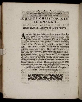 Clarissimo Doctissimoque Medicinae Doctorando Iohanni Christophoro Reinmanno S. P. D. Georgius Erhardus Hambergerus